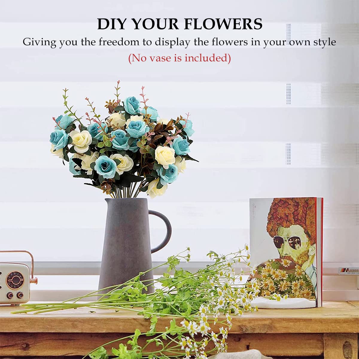 HASTHIP 2 Bundles Artificial Rose Flowers, No Vase Included, Artificial Blue and White Rose Flower Decor for Wedding, Party, Home Decoration, Desk Artificial Flowers Decoration Home Decor HASTHIP 2 Bundles Artificial Rose Flowers, No Vase Included, Artificial Blue and White Rose Flower Decor for Wedding, Party, Home Decoration, Desk Artificial Flowers Decoration Home Decor